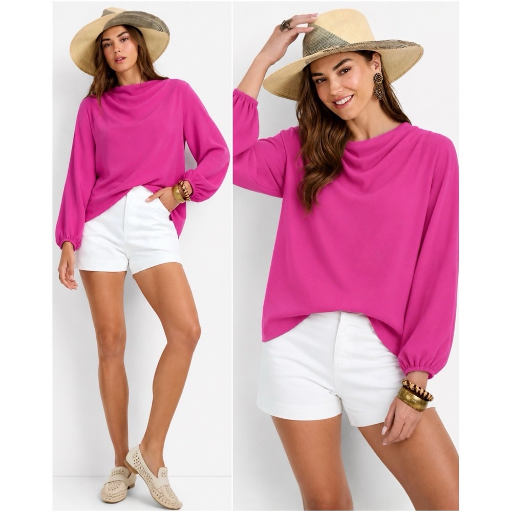 Trina Turk Sea Breeze Top Pink Draped Blouse Balloon Sleeve Women's Medium NWT